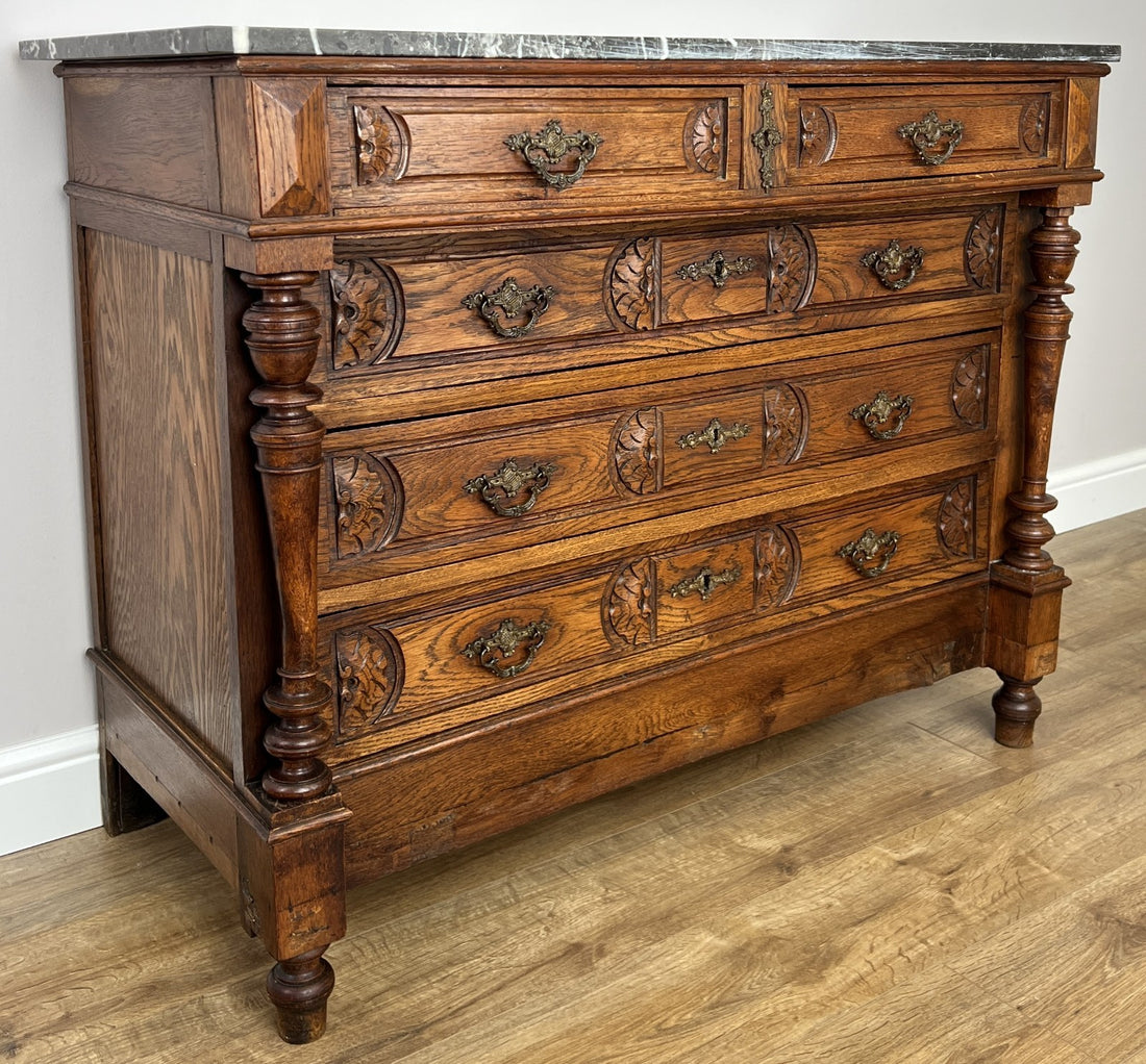 Chest of Drawers Antique French Style Marble Top Walnut Cabinet LOT 60770