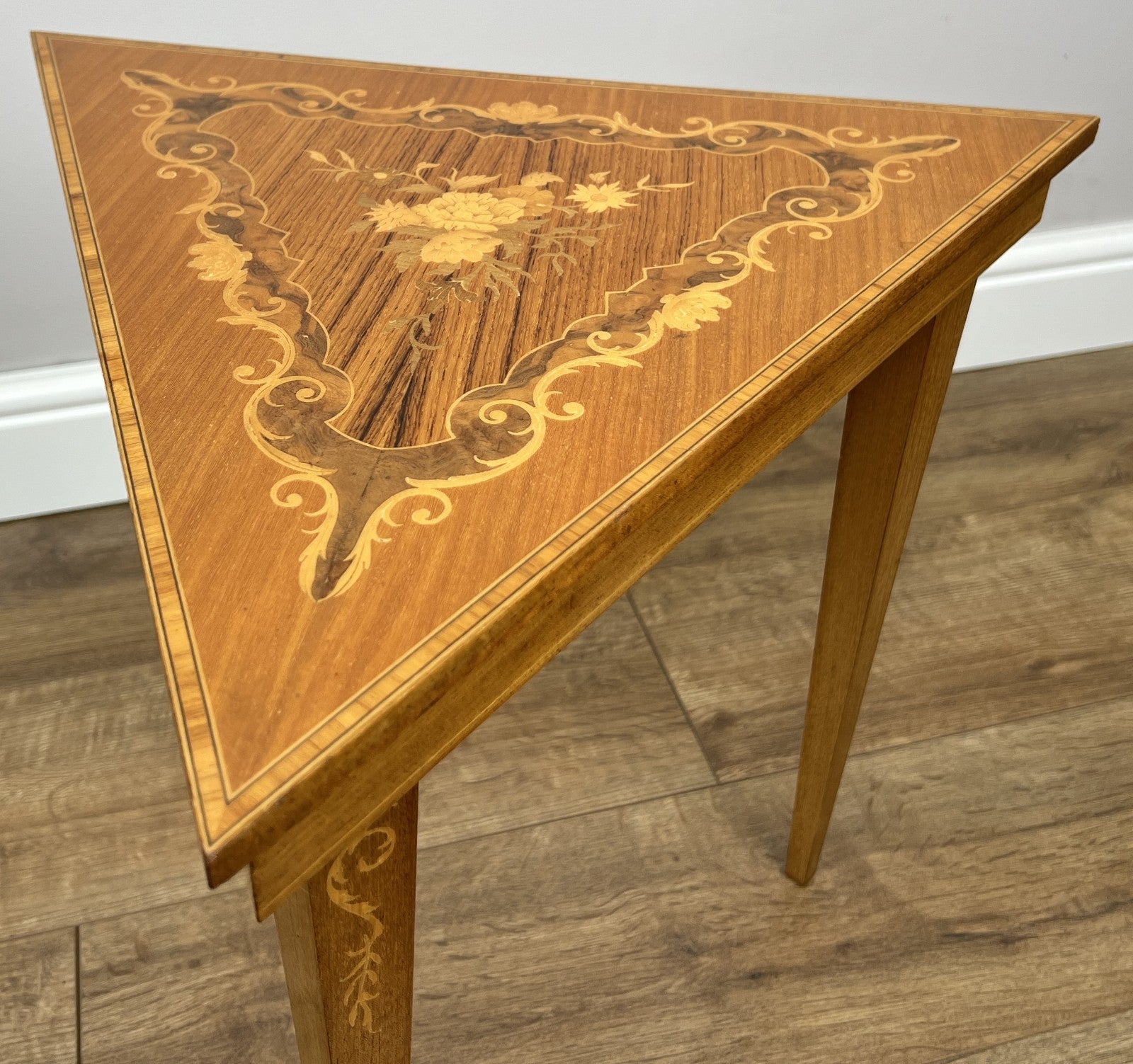 Vintage French Nested Triangle Inlaid Set 3 Pieces Carved Tables LOT 49063