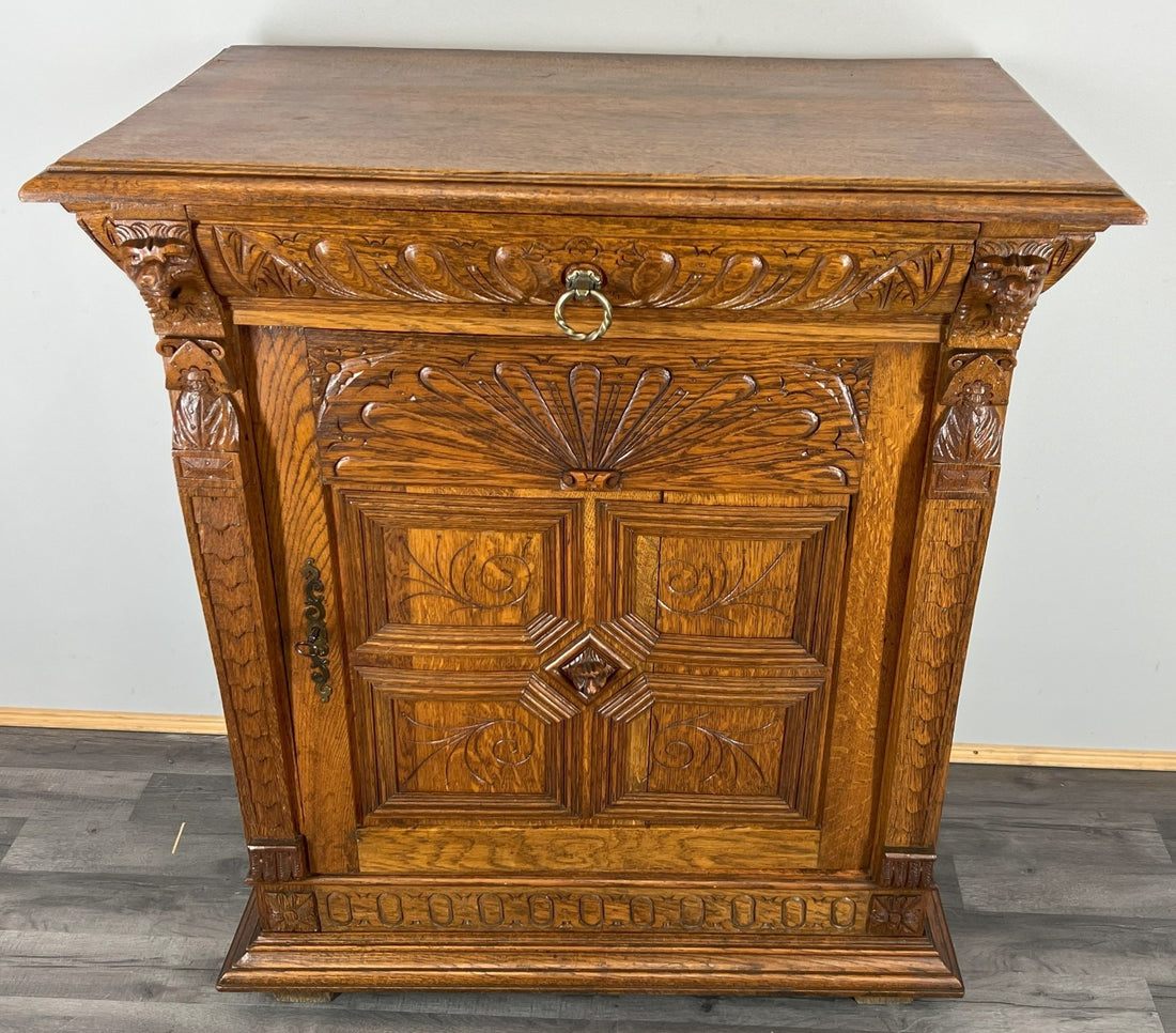 Cabinet Antique French Oak Carved Lion Mask Detail Cupboard with Key LOT 4053