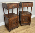 Pair of Bedside Tables Antique French Marble Top Carved Oak Cabinets LOT 49184
