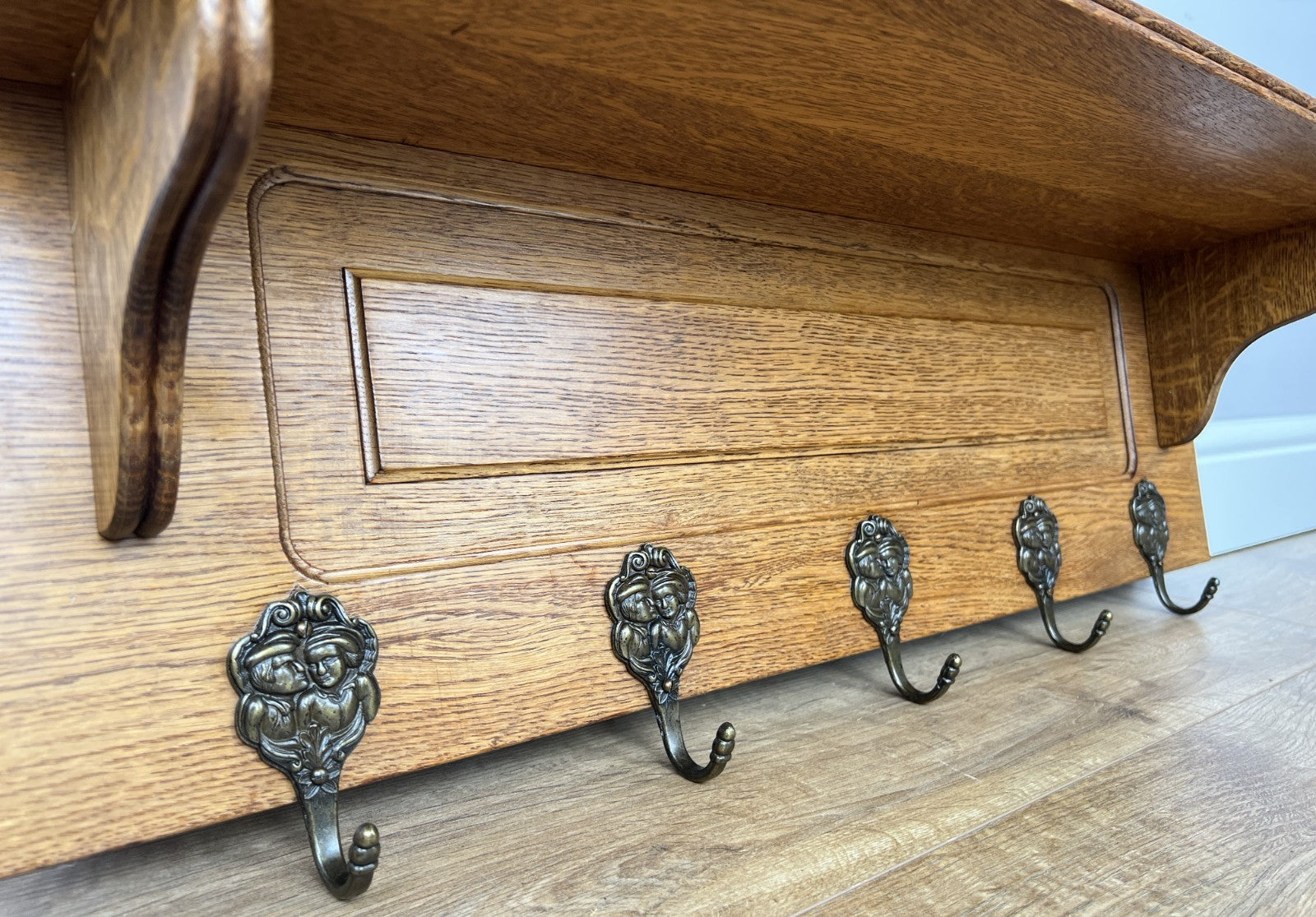 Coat Rack Vintage French Oak Wall Mounted 5 Hooks Carved Rack Hanger LOT 62034