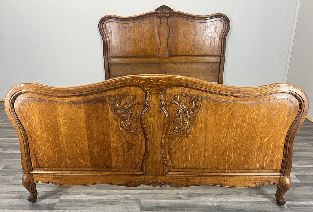 Bed Vintage French Louis XVI Double Bed Frame Oak Carved Headboard LOT 46050