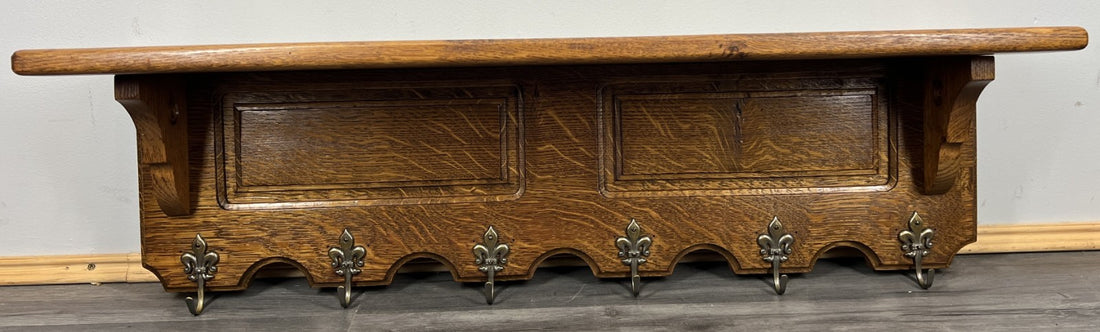 French Vintage Coat Rack Oak 6 Hooks Wall Shelf Carved Coat Hanger LOT 44340