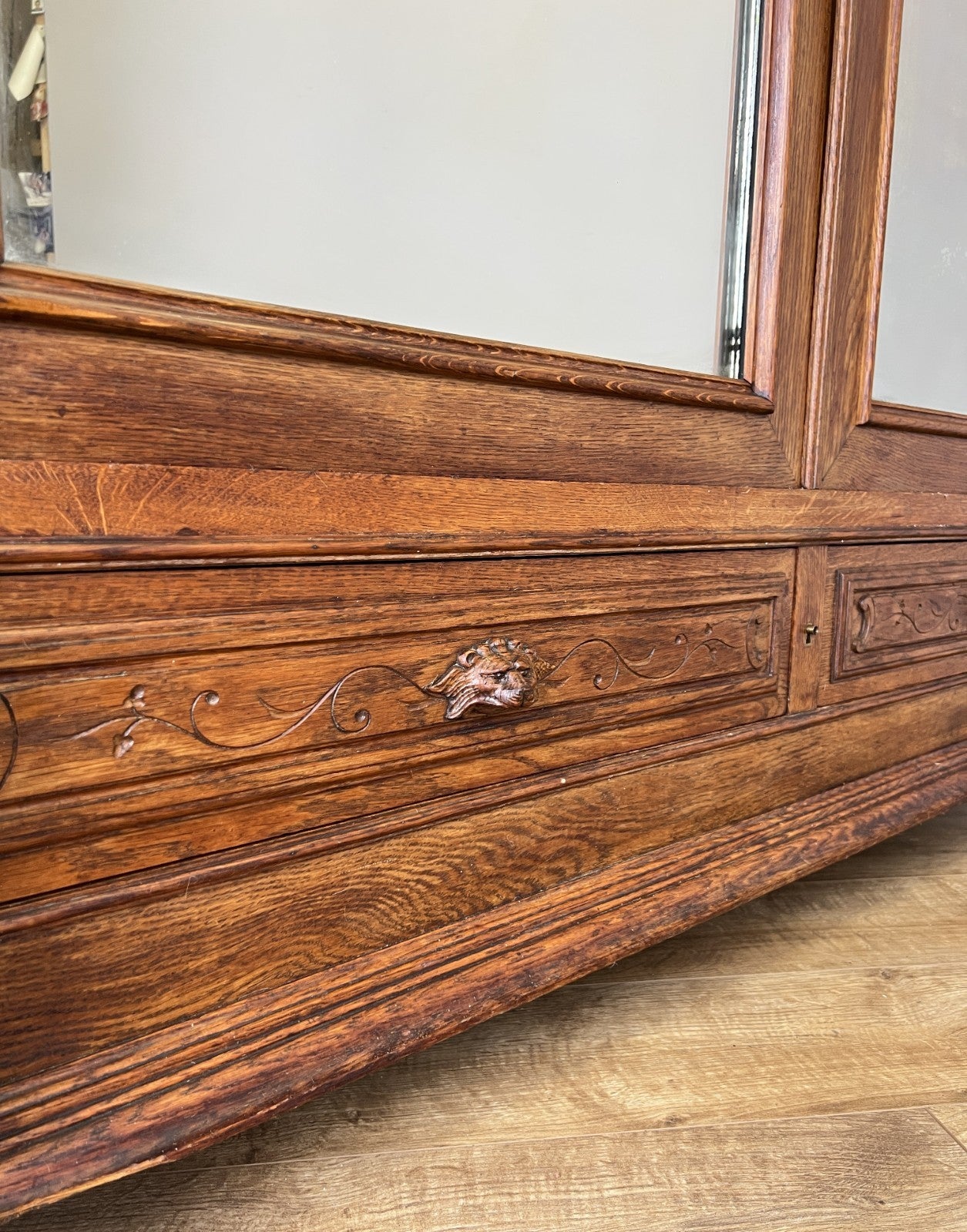 Wardrobe Antique French Oak Two Door Mirrored Carved Armoire Cabinet LOT 61247