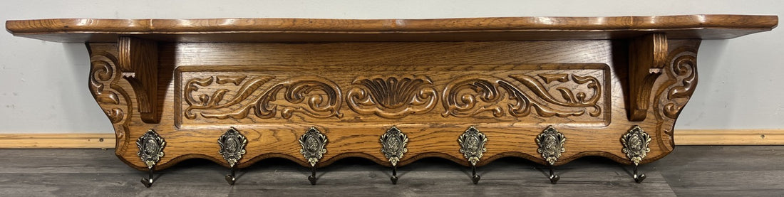 French Vintage Coat Rack Oak 7 Hooks Wall Shelf Carved Coat Hanger LOT 44930