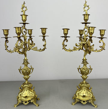 Pair of Candelabras Vintage French Brass Ornate 5 Arm Candle Holders LOT 64370