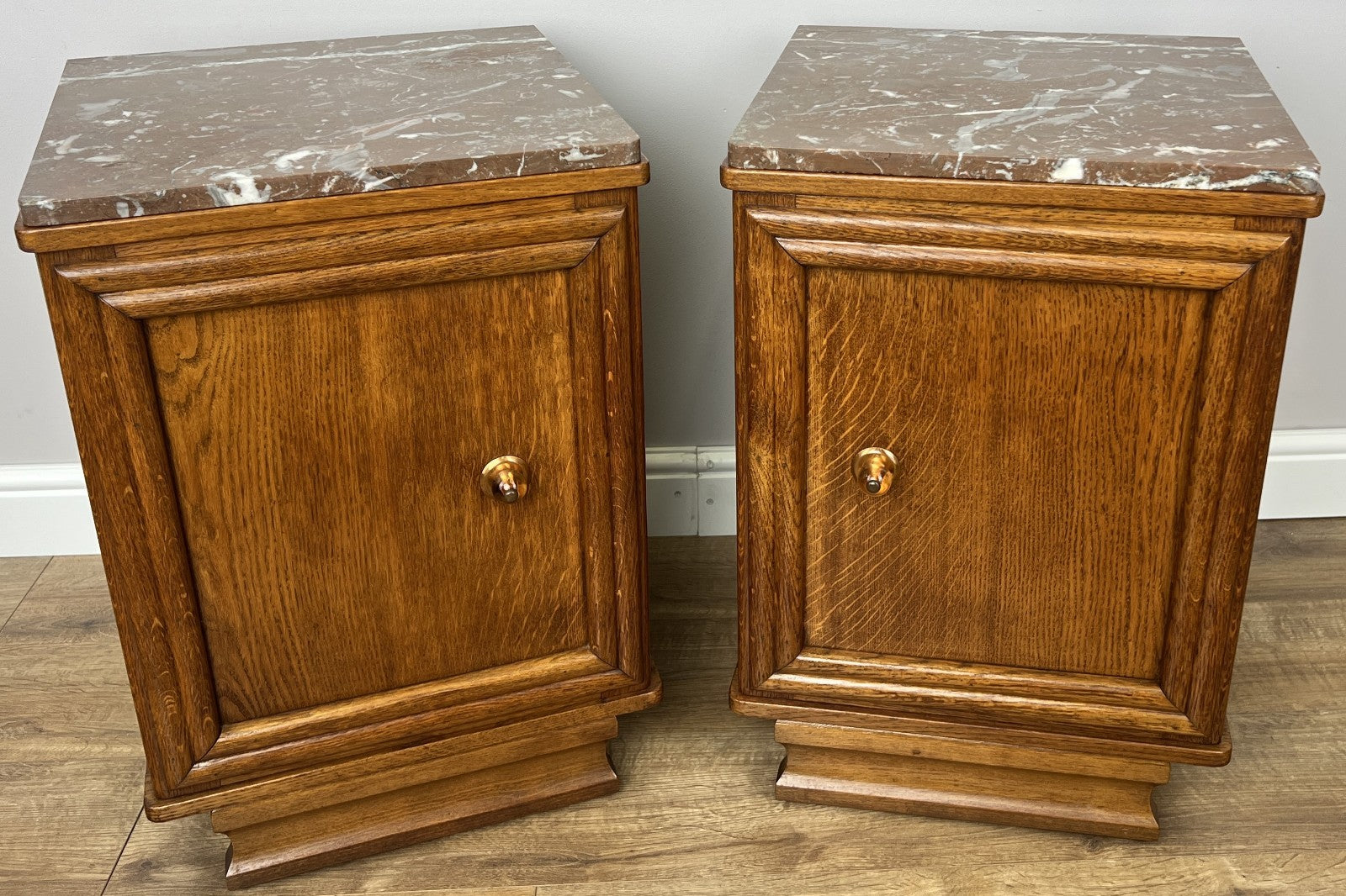 Pair of Bedside Tables Antique French Style Oak Marble Top Cabinets LOT 62181