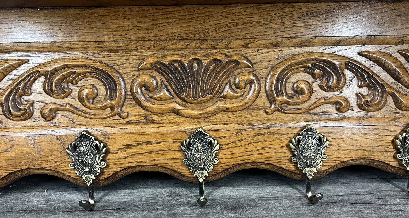 French Vintage Coat Rack Oak 7 Hooks Wall Shelf Carved Coat Hanger LOT 44933