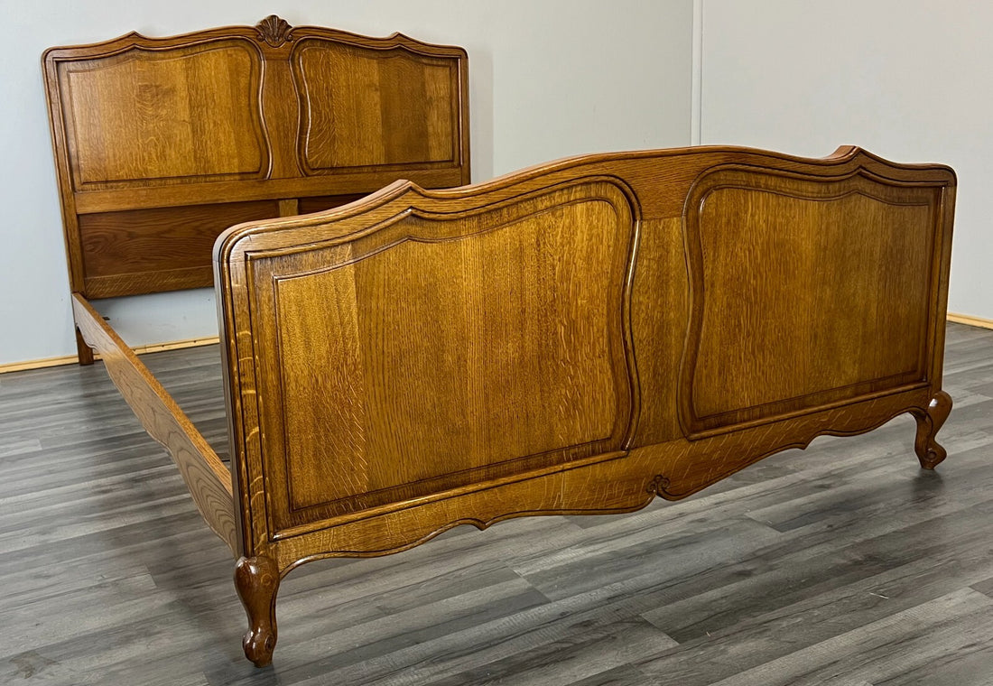 Bed Vintage French Louis XVI Oak Double Bed Frame Carved Headboard LOT 29670