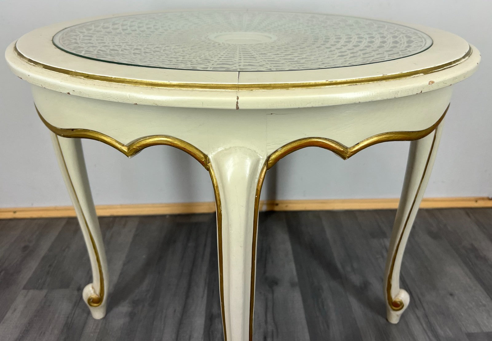 Coffee Table Vintage French Louis XIV Shabby Chic Round Glass Top LOT 32827