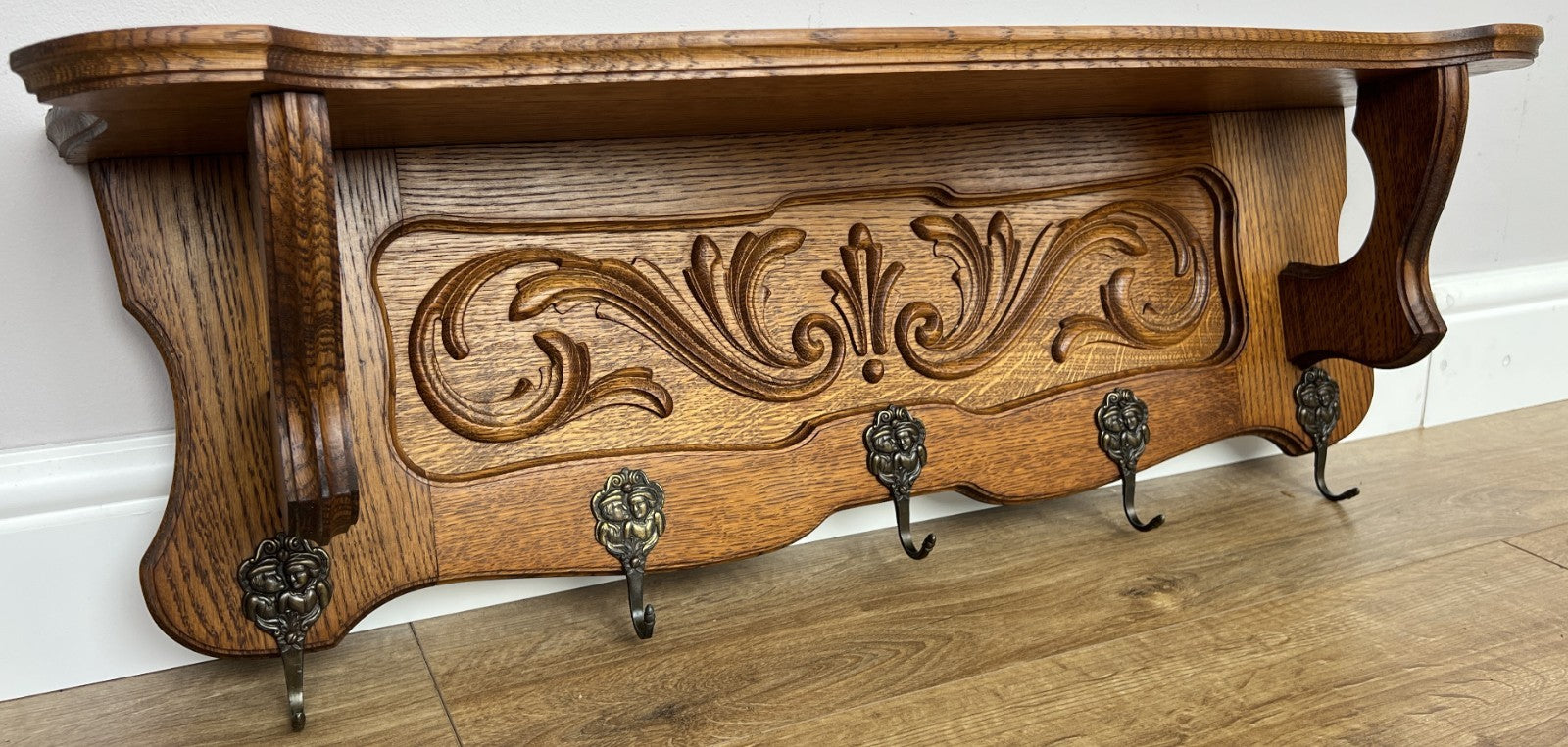 Coat Rack Vintage French Carved Oak Wall Mounted 5 Hooks Rack Hanger LOT 63671