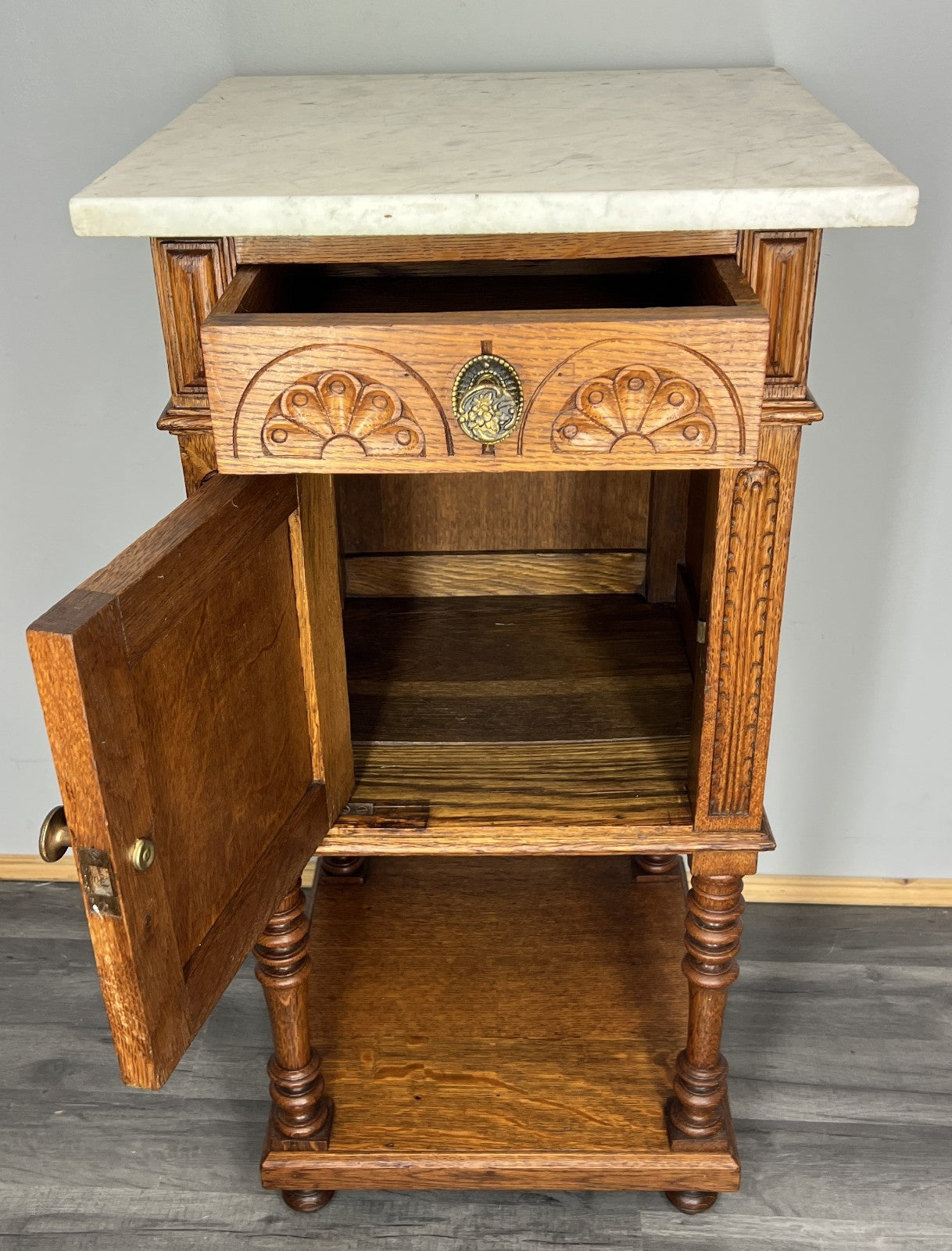 Bedside Table Antique French Oak with Marble Top Carved Cabinet LOT 433510