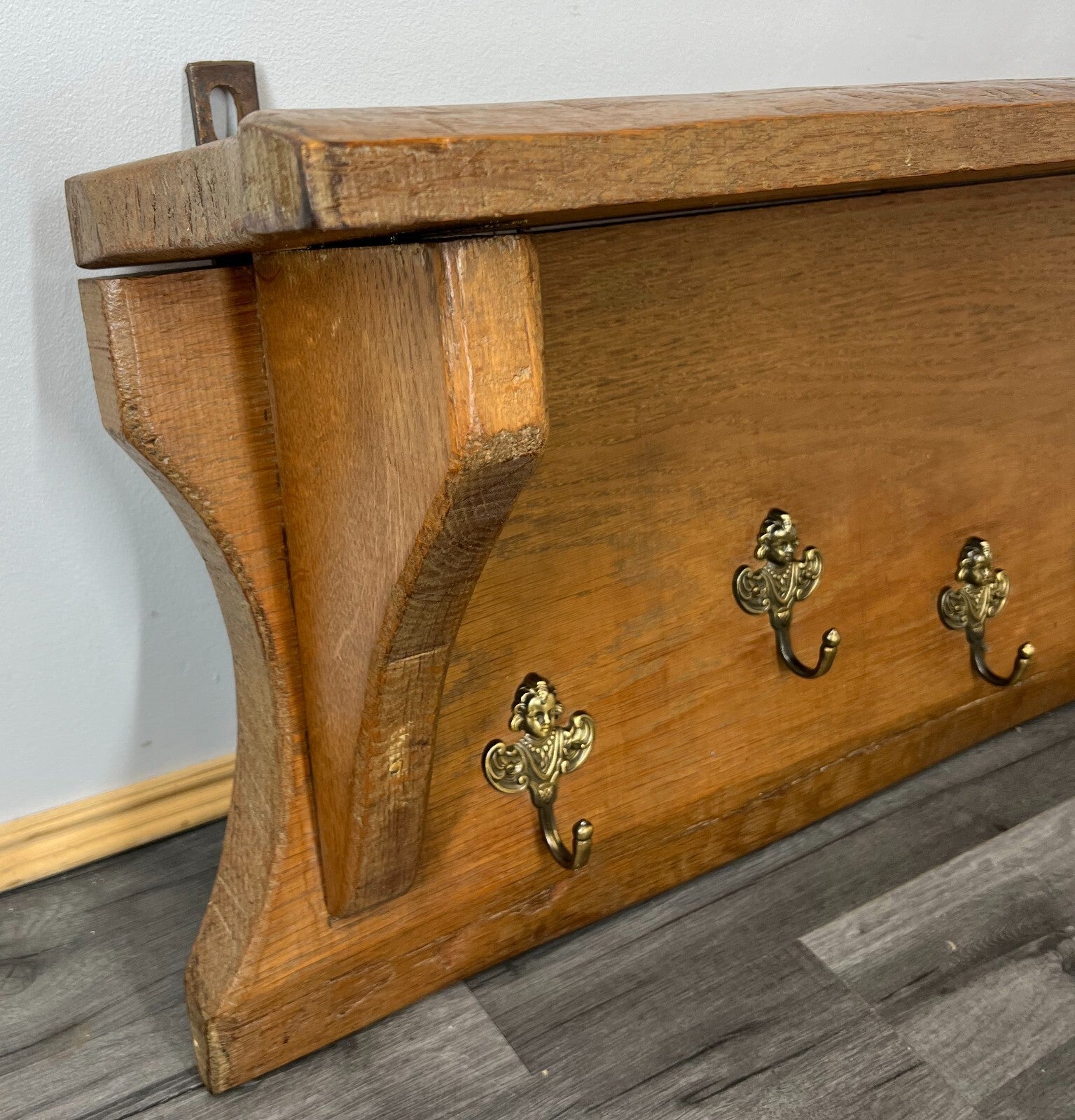 Coat Rack Antique French Oak Wall Shelf 6 Hook Carved Coat Hanger LOT 26411