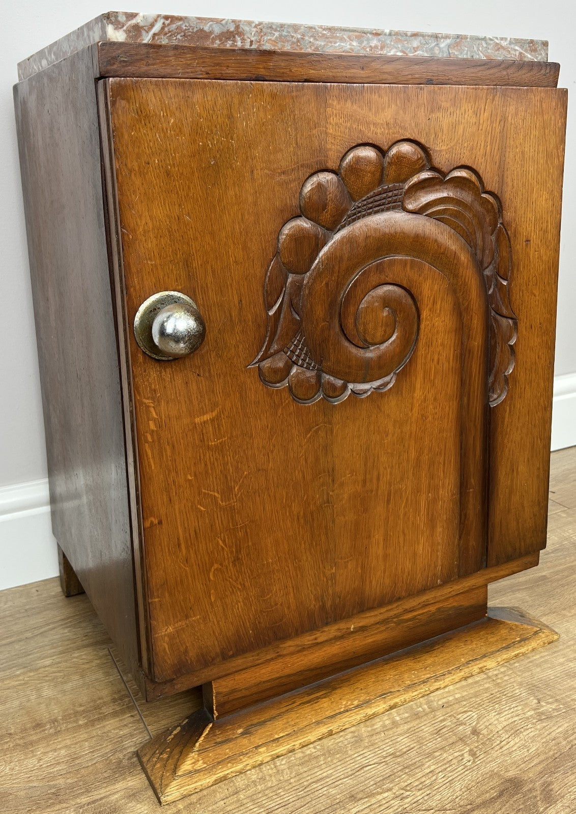 Bedside Table Antique French Art Deco Marble Top Oak Cabinet Nightstand LOT 62382