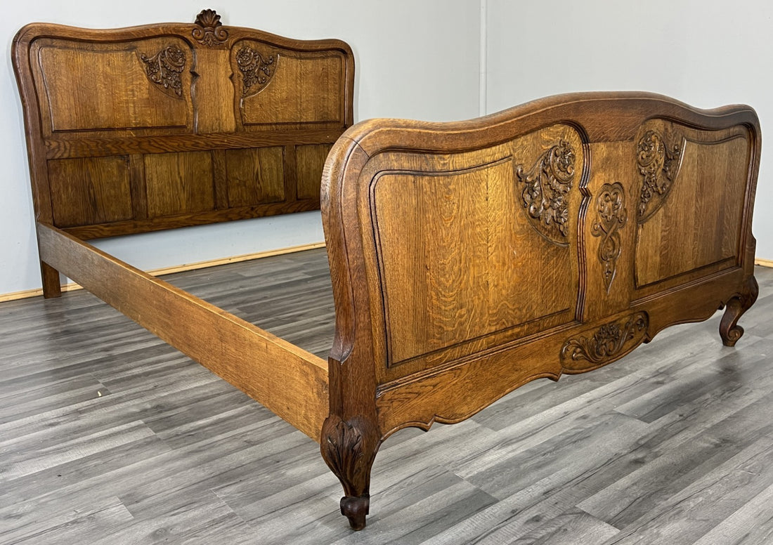 Bed Vintage French Louis XVI Double Bed Frame Oak Carved Headboard LOT 45870