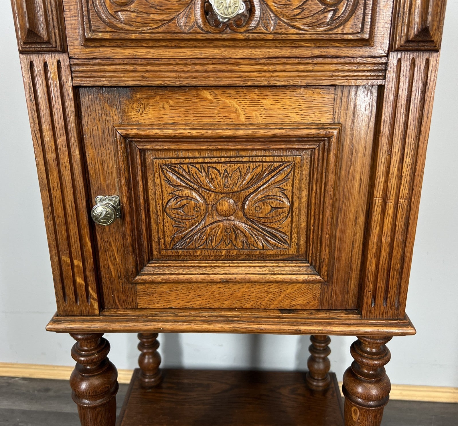 Bedside Table Antique French Oak with Marble Top Carved Cabinet LOT 43334