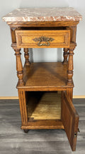 Bedside Table Antique French Oak with Marble Top Carved Cabinet LOT 43387