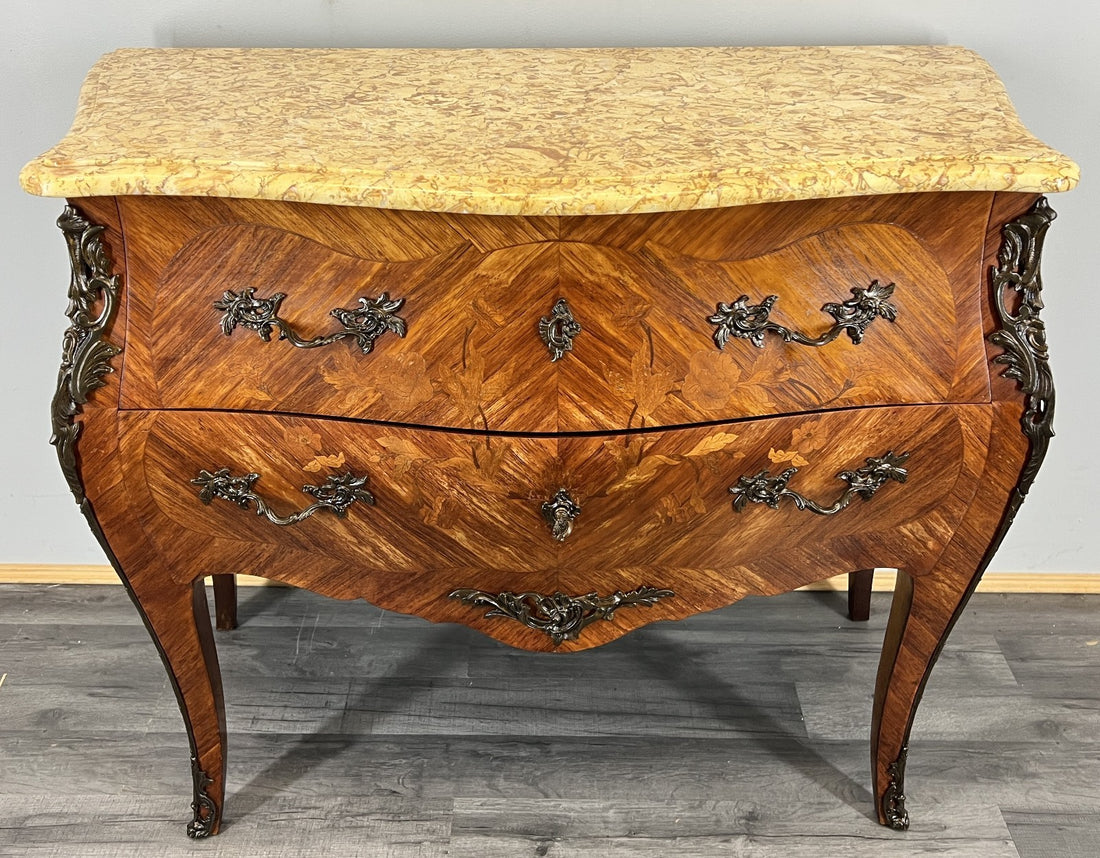 Chest of Drawers Antique French Bombe Walnut Marble Top Carved Cabinet LOT 47060