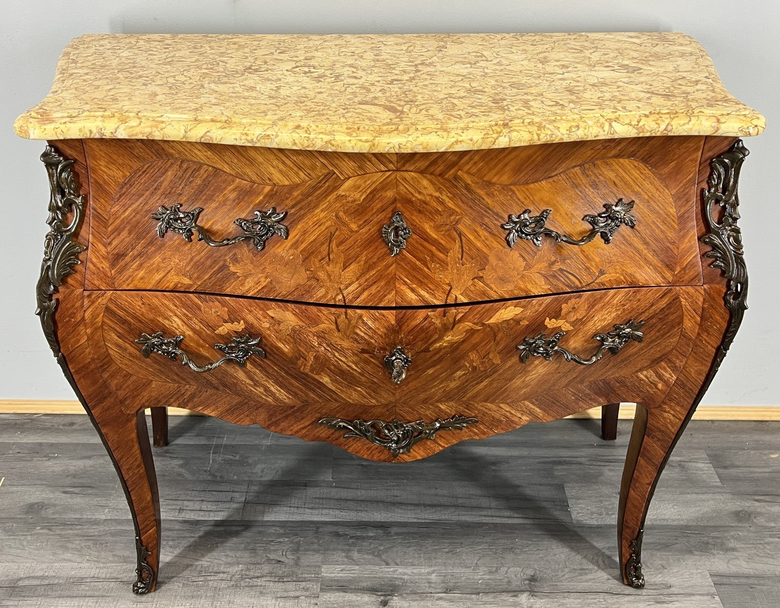 Chest of Drawers Antique French Bombe Walnut Marble Top Carved Cabinet LOT 47060