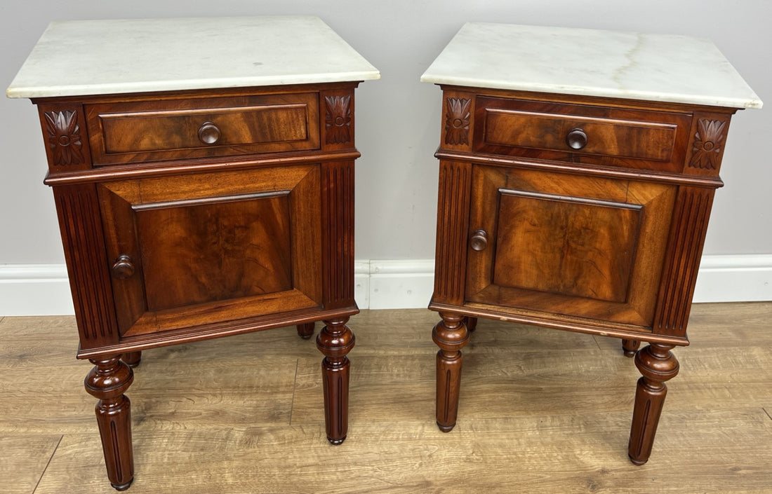Pair of Bedside Tables Antique Walnut Marble Top Nightstands Cabinets LOT 62230