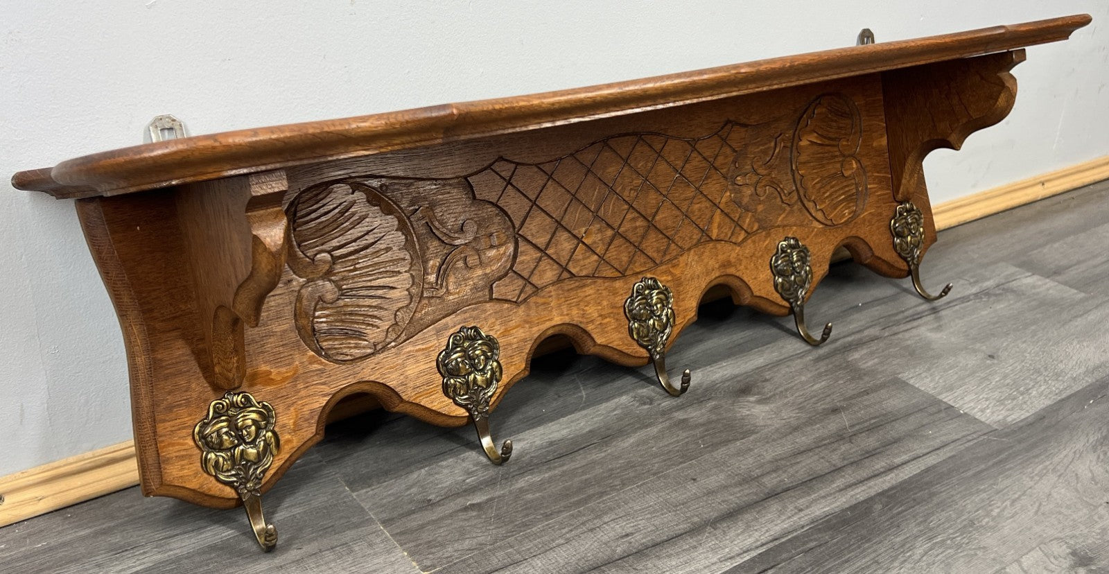French Vintage Coat Rack Oak 5 Hooks Wall Shelf Carved Coat Hanger LOT 44362