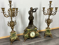 Clock Set Vintage French Onyx Brass Mantel Clock with 4-Arm Candelabras LOT 44132