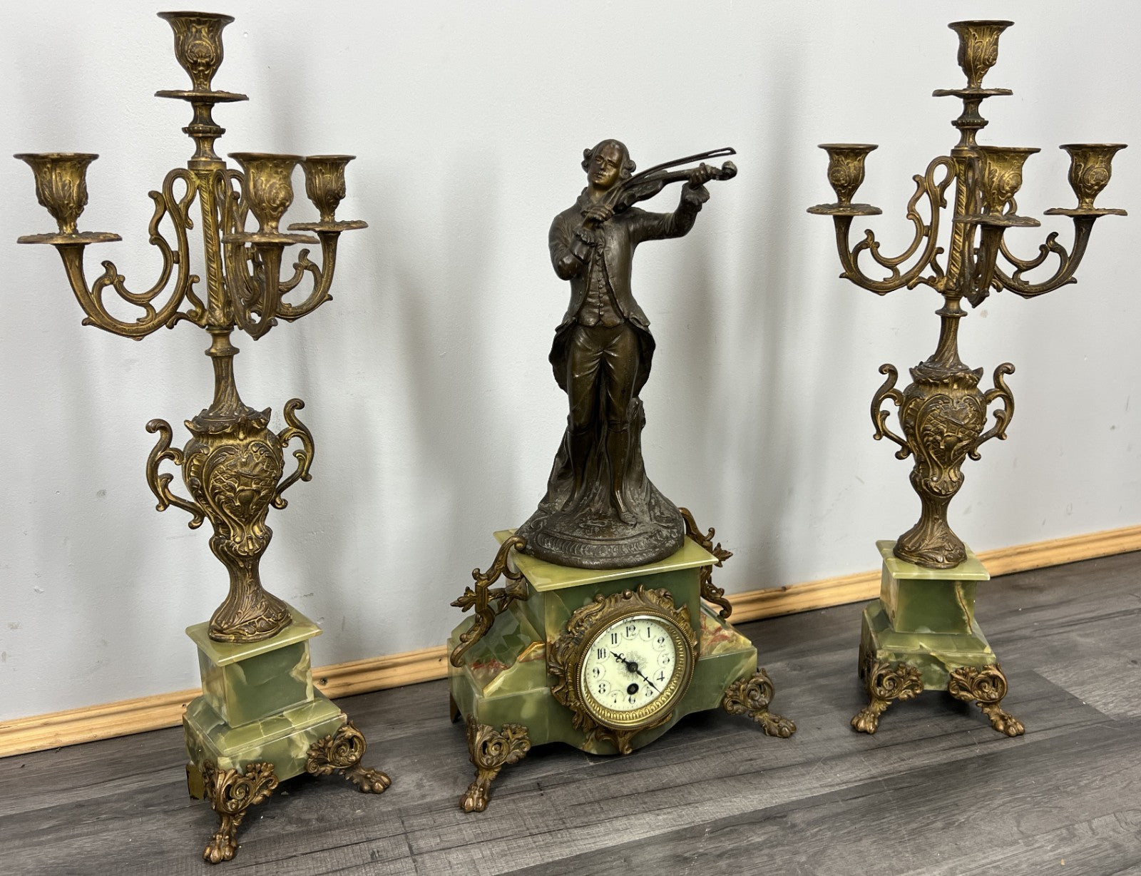 Clock Set Vintage French Onyx Brass Mantel Clock with 4-Arm Candelabras LOT 44132