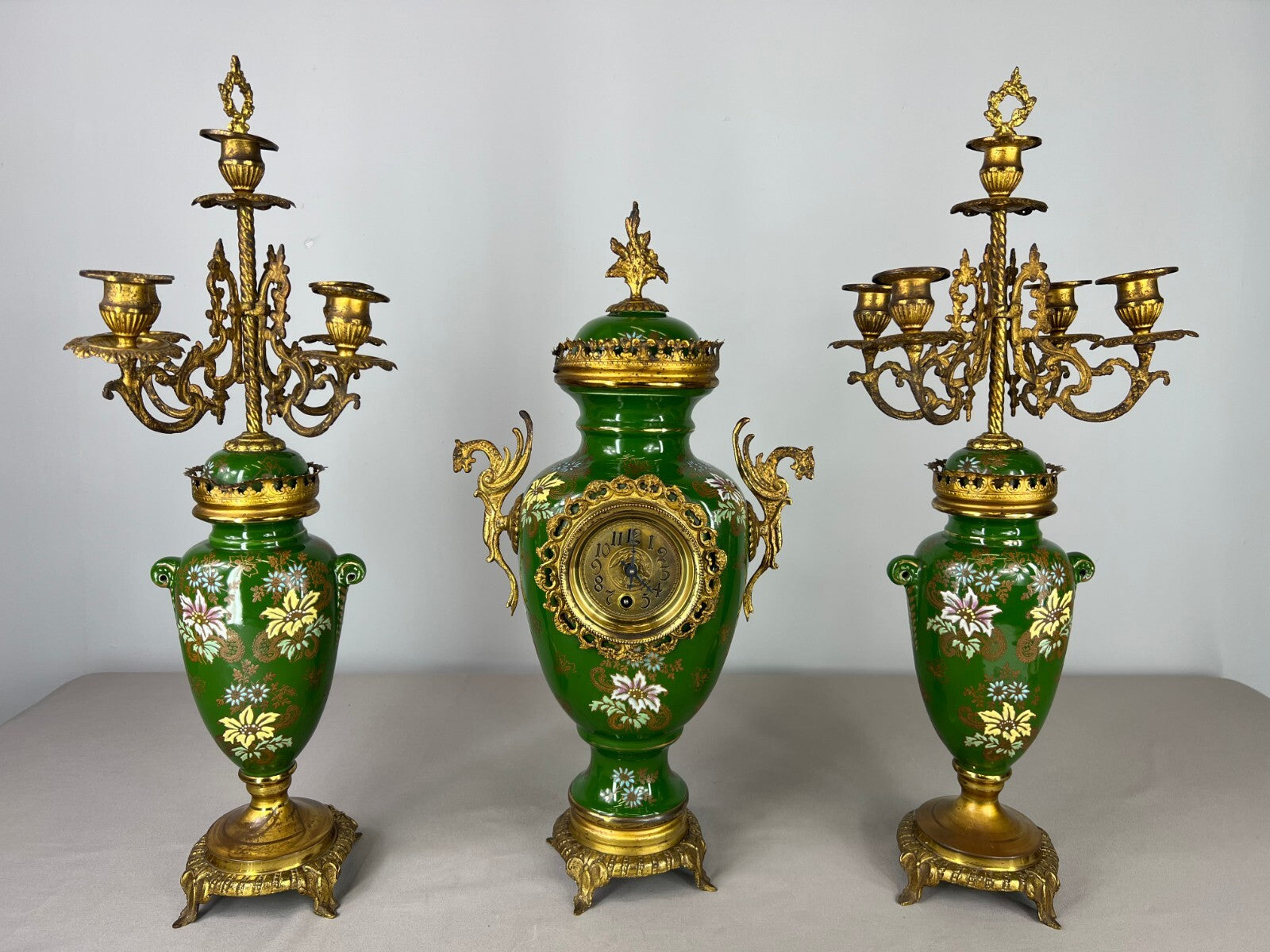 Mantel Clock Set Antique French Garniture Porcelain Bronze Candelabras LOT 36200