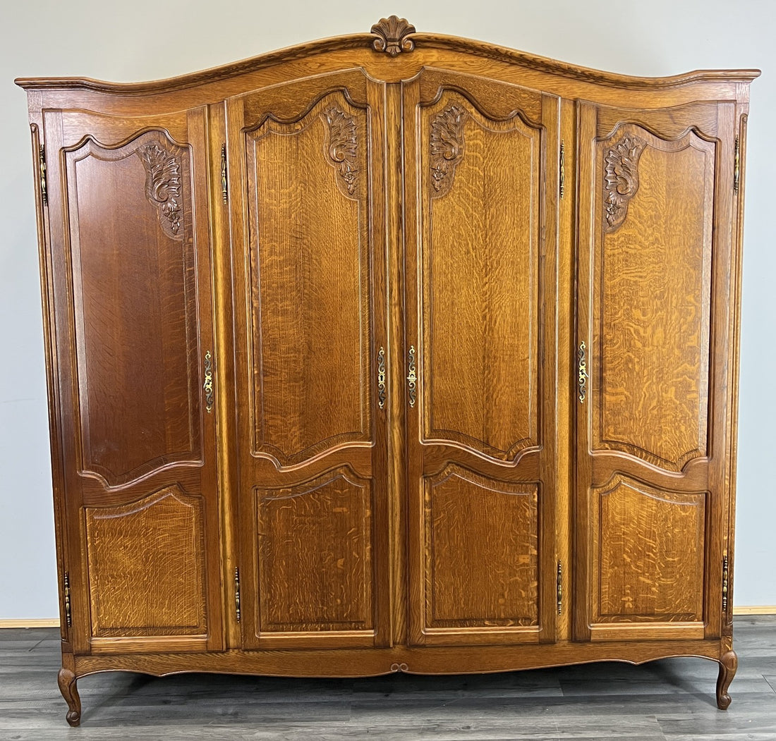 Wardrobe Vintage French Louis XVI Style Oak Four Door Armoire LOT 47940