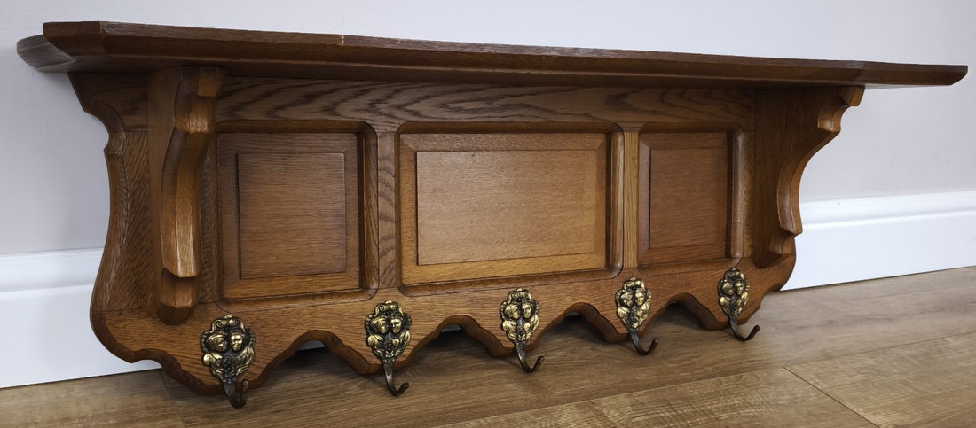 French Vintage Coat Rack Oak 5 Hooks Wall Shelf Carved Coat Hanger LOT 49910