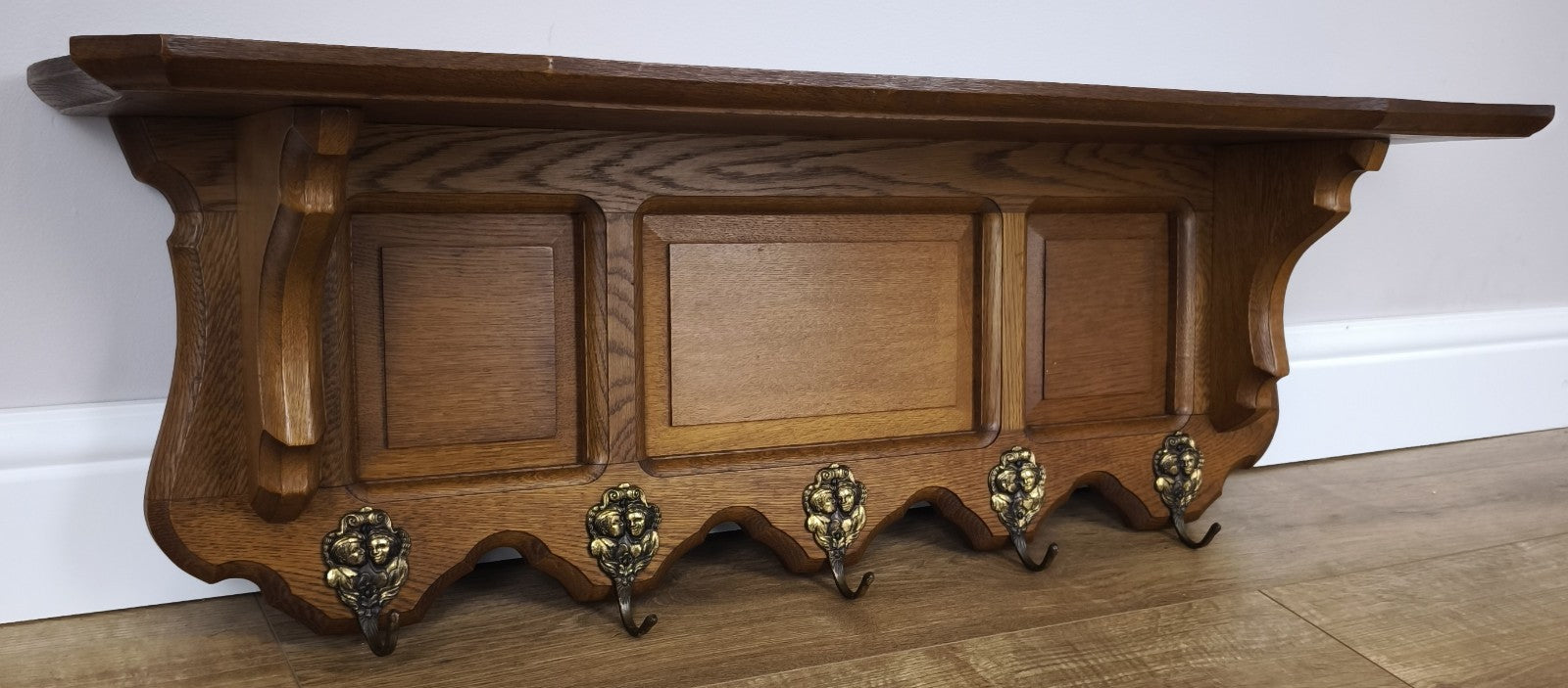 French Vintage Coat Rack Oak 5 Hooks Wall Shelf Carved Coat Hanger LOT 49910