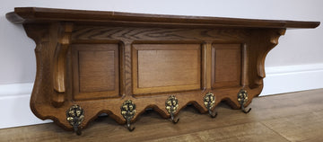 French Vintage Coat Rack Oak 5 Hooks Wall Shelf Carved Coat Hanger LOT 49910