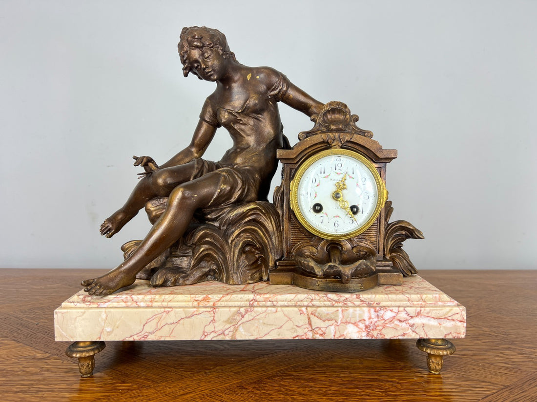 Mantel Clock Antique French Art Nouveau Style Bronze Garniture Set LOT 46390