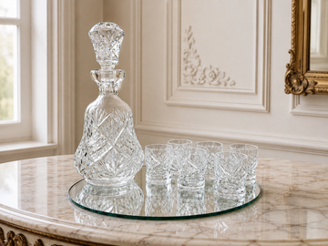 Carafe Set Vintage Style Crystal Cut 6 Shot Glasses and Tray LOT 6436
