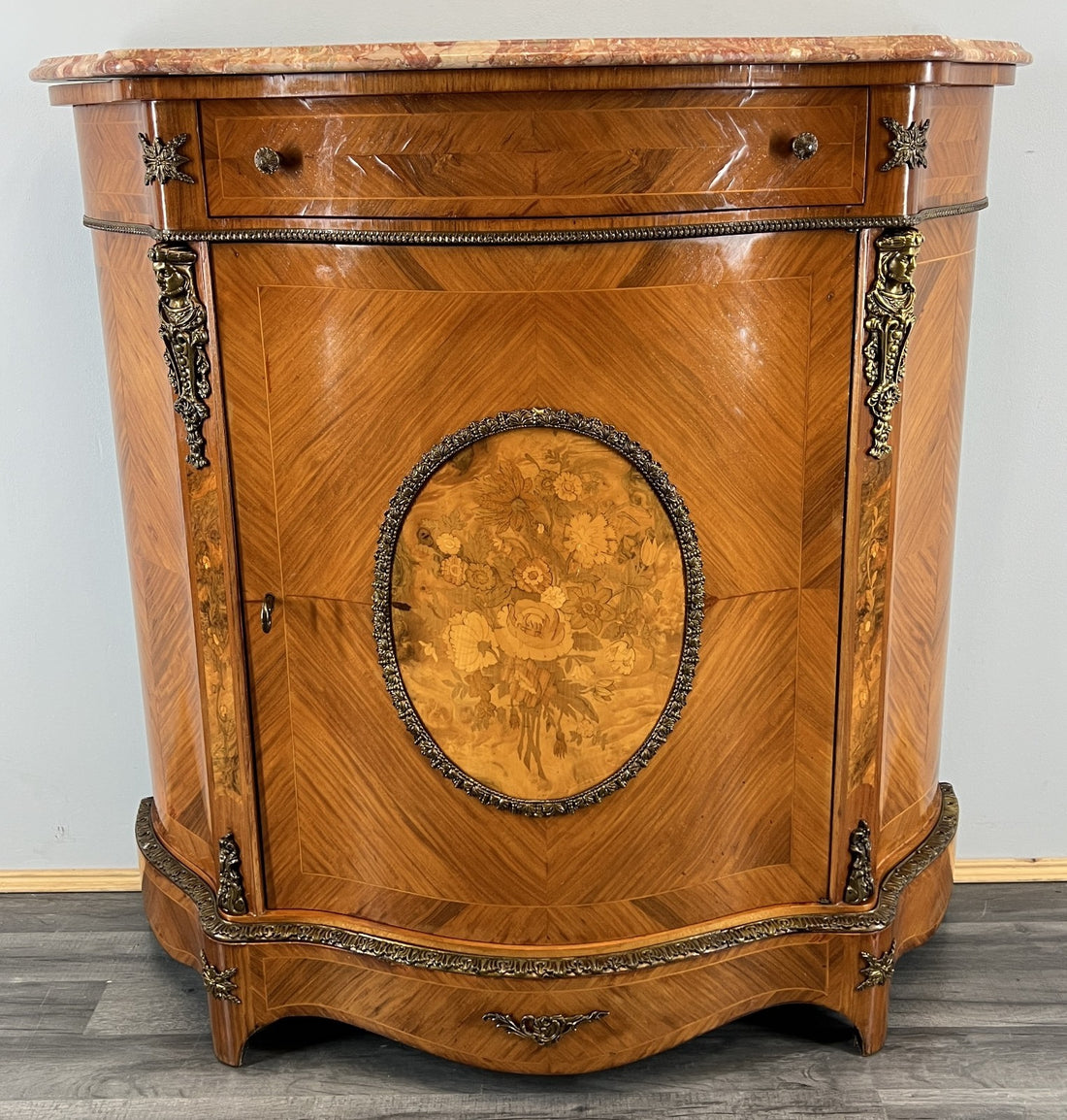 Cabinet Vintage French Marble Top Inlaid Sideboard with Brass Ormolu LOT 43310
