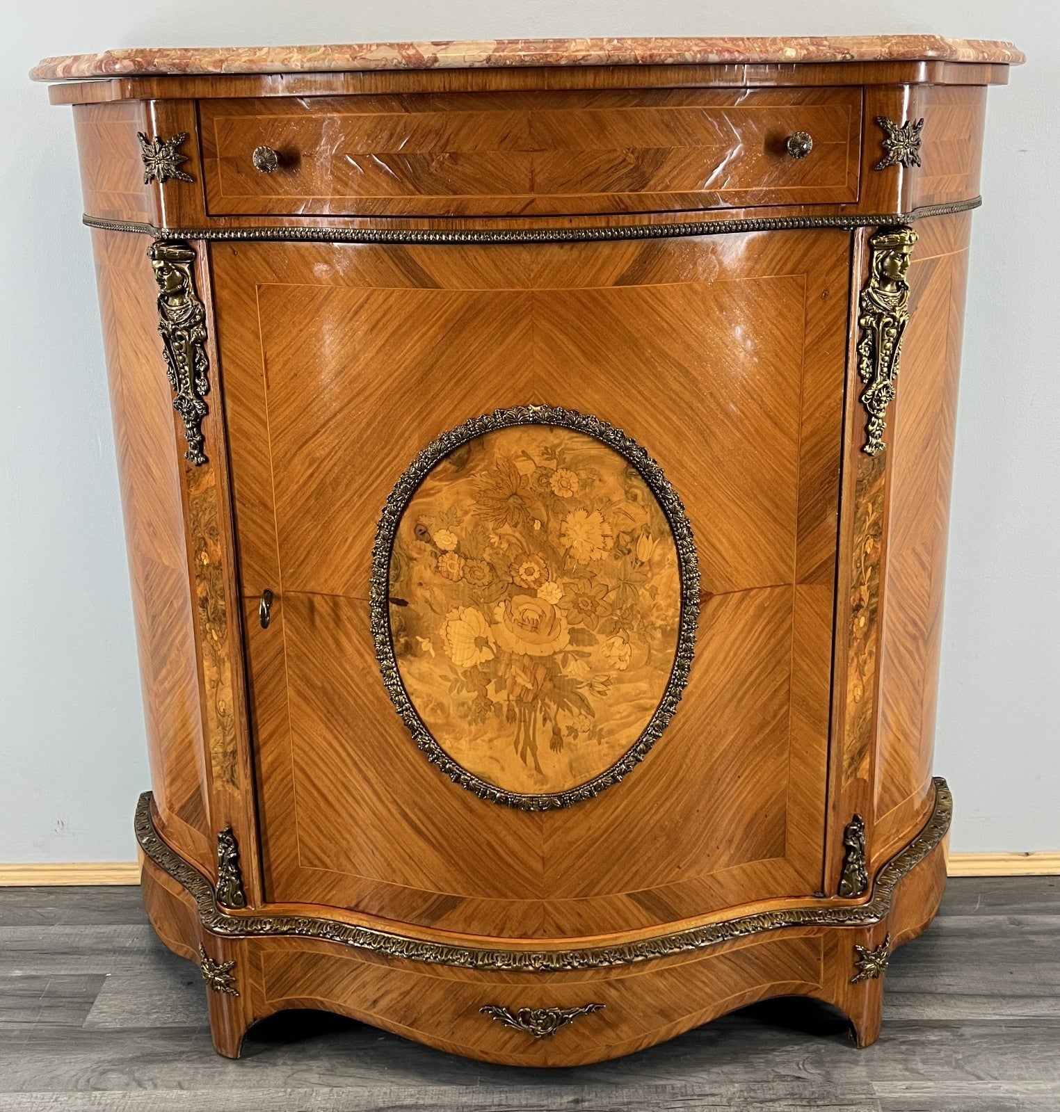 Cabinet Vintage French Marble Top Inlaid Sideboard with Brass Ormolu LOT 43311