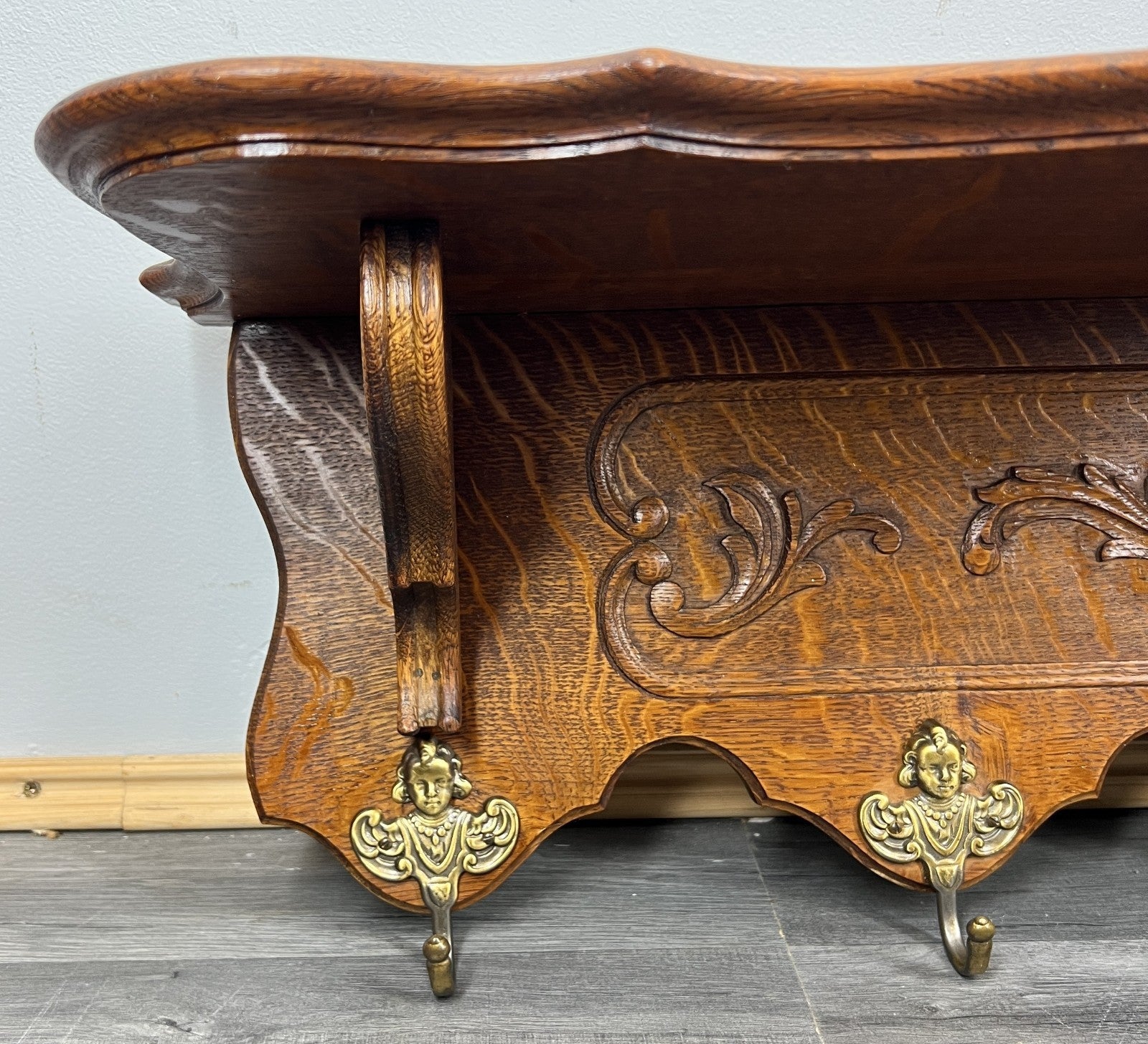 French Vintage Coat Rack Oak 5 Hooks Wall Shelf Carved Coat Hanger LOT 44354