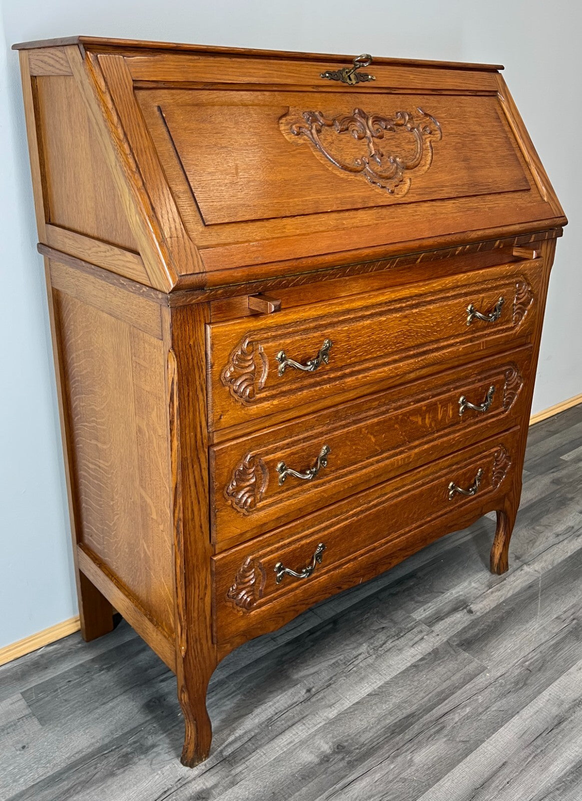 Secretaire Writing Desk Vintage French Oak Bureau Carved Cabinet LOT 37552