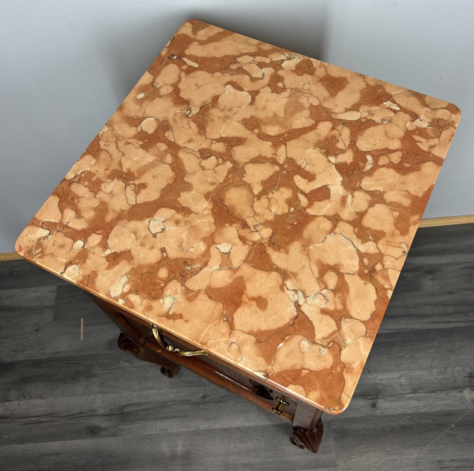 Pair of Bedside Tables Antique French Oak Marble Tops Carved Cabinets LOT 44399