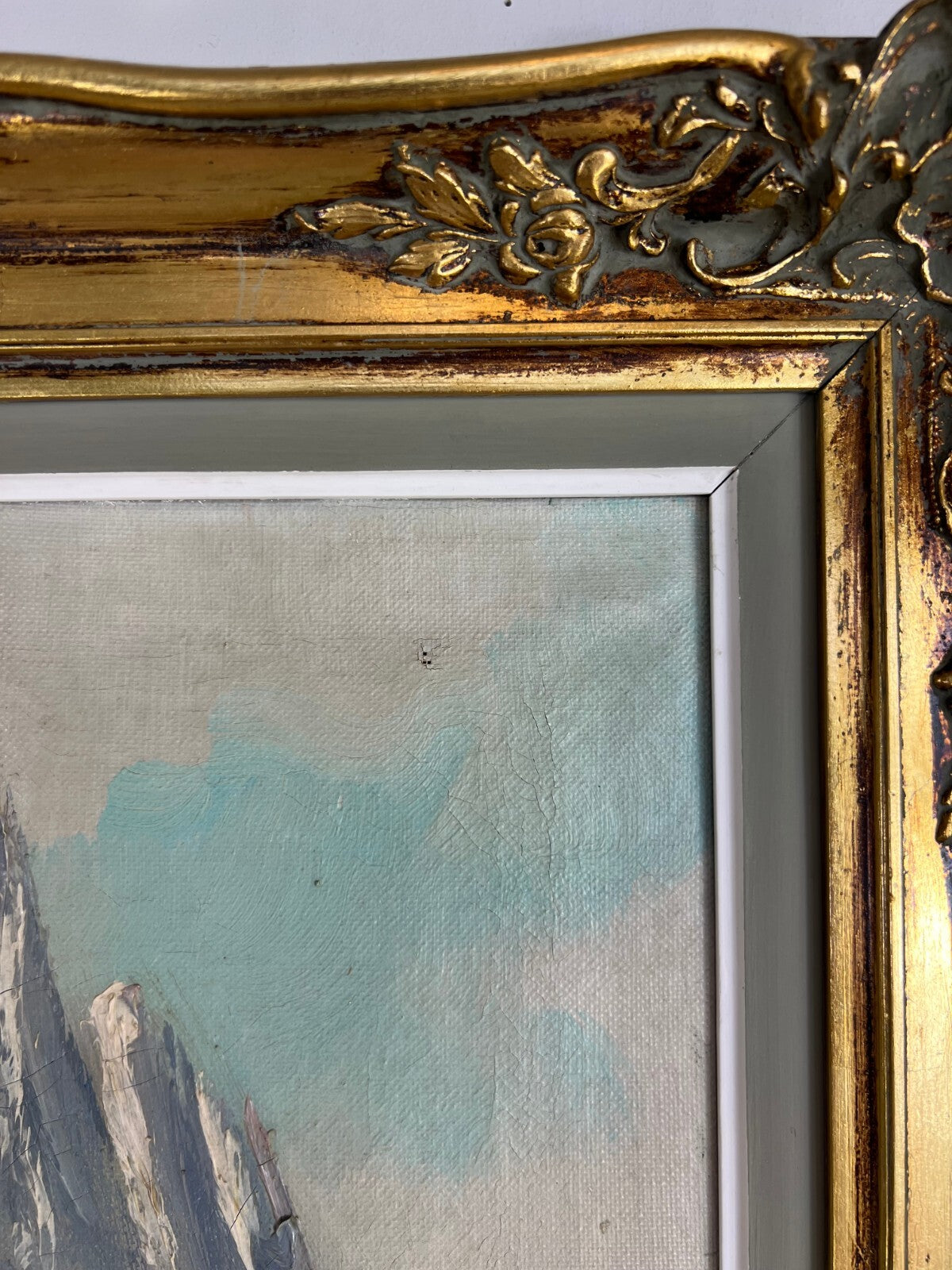 Painting Vintage Oil Landscape Mountain Deer Signed Framed Carved LOT 51135
