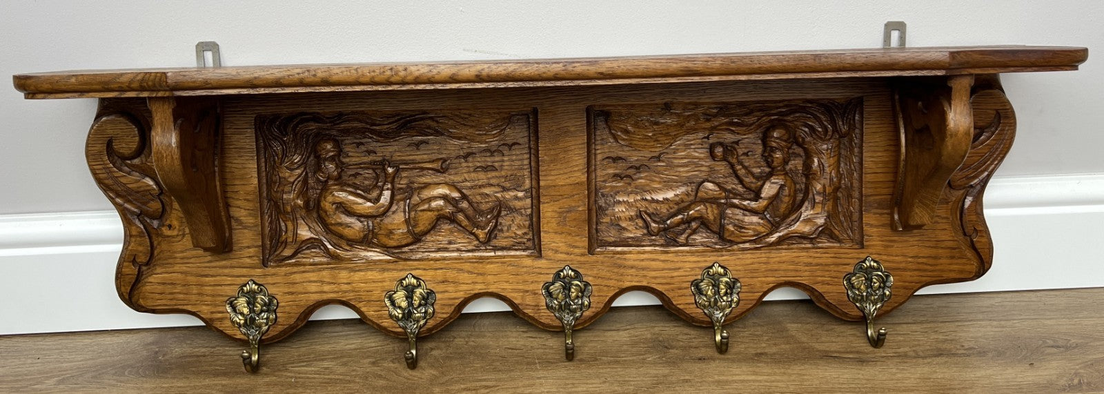 French Vintage Coat Rack Oak 5 Hooks Wall Shelf Carved Coat Hanger LOT 49041