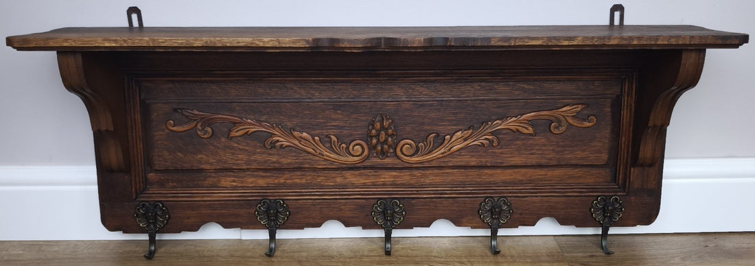 French Vintage Coat Rack Oak 5 Hooks Wall Shelf Carved Coat Hanger LOT 49990