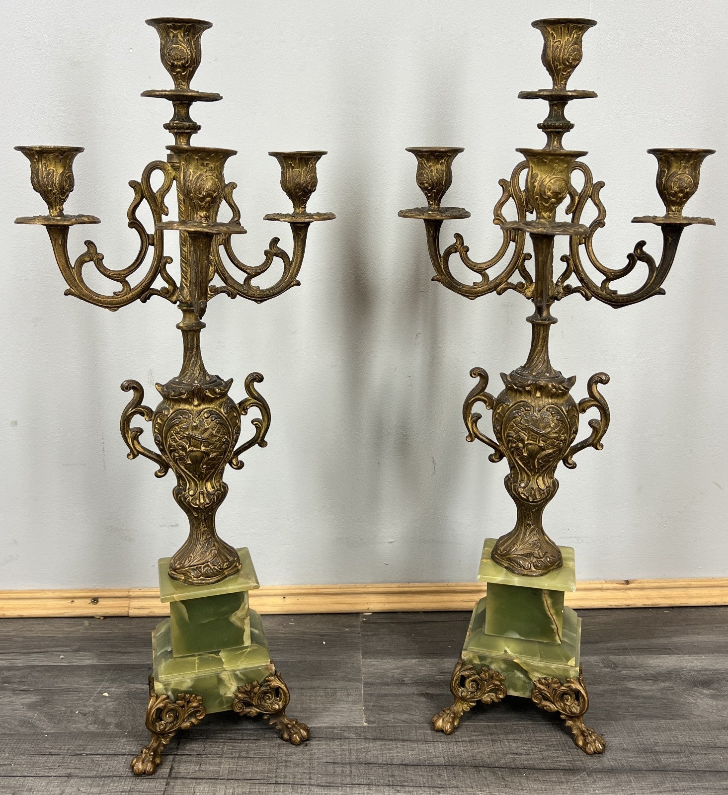 Clock Set Vintage French Onyx Brass Mantel Clock with 4-Arm Candelabras LOT 441310