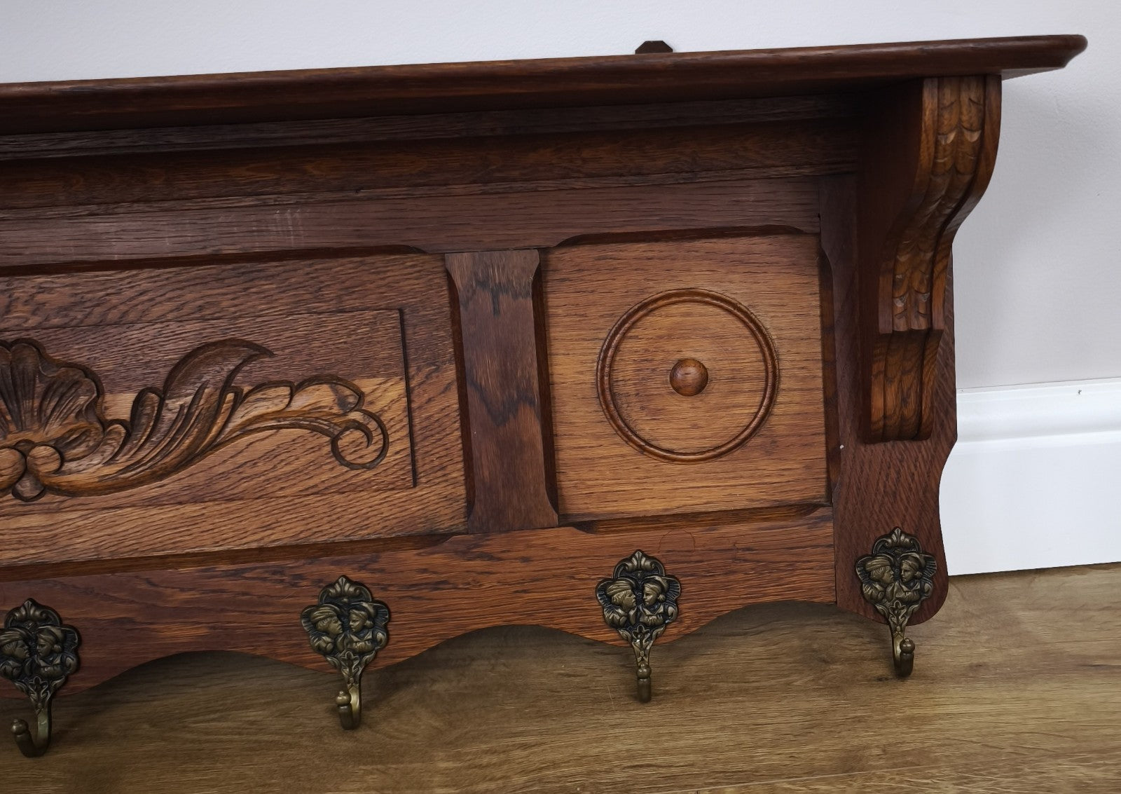 French Vintage Coat Rack Oak 7 Hooks Wall Shelf Carved Coat Hanger LOT 49927
