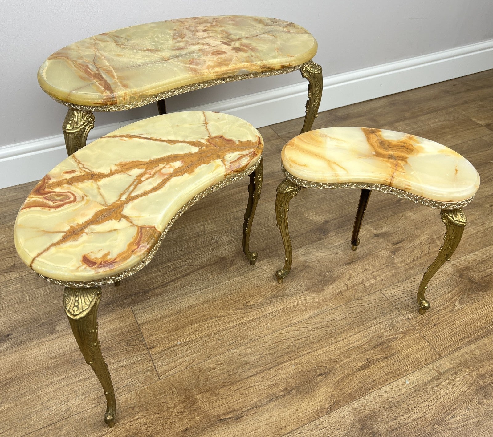 Nested Tables Vintage French Marble Onyx Brass Tables Set LOT 49708