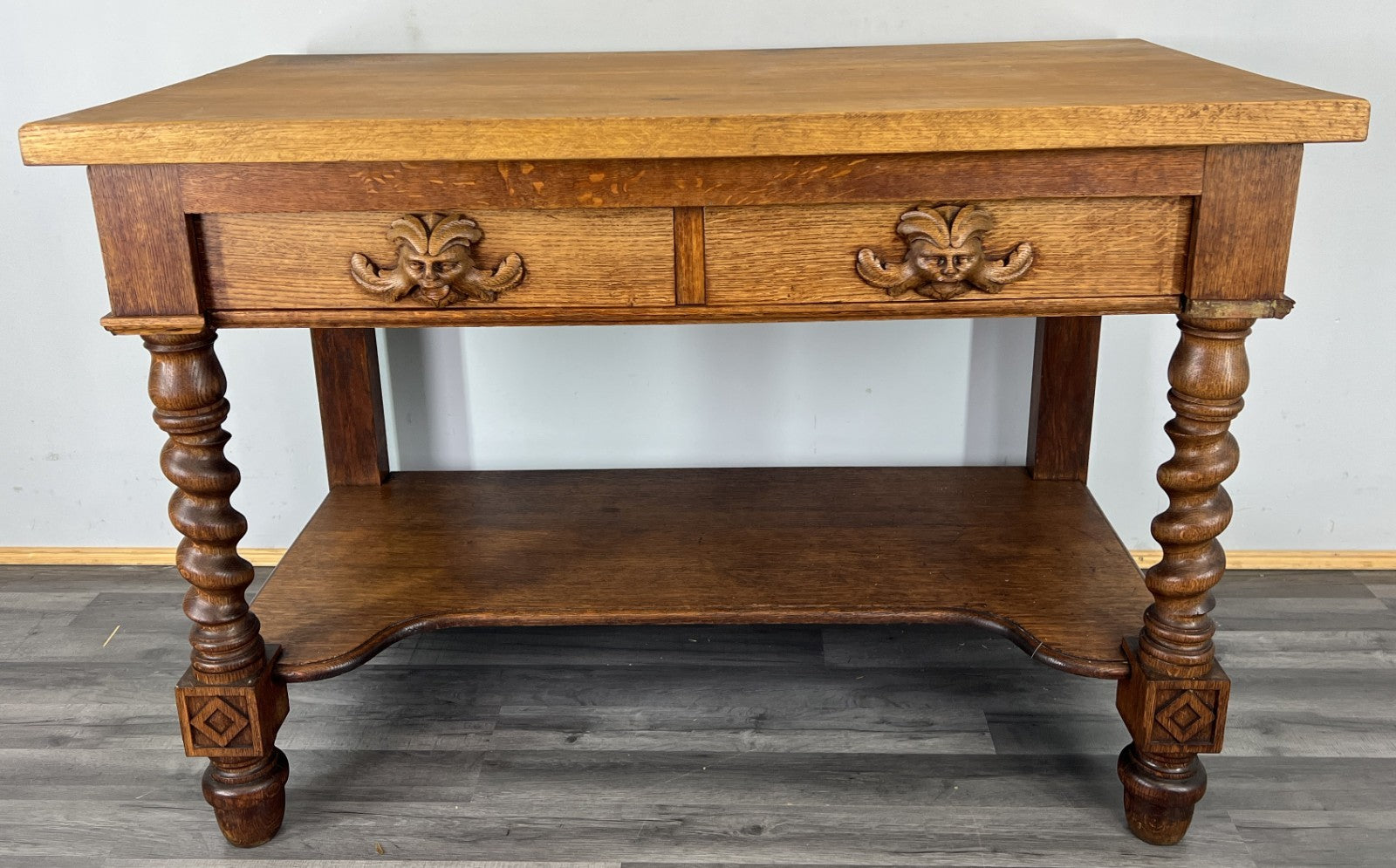Cabinet Antique French Style Oak Carved Table with Two Drawers LOT 48004