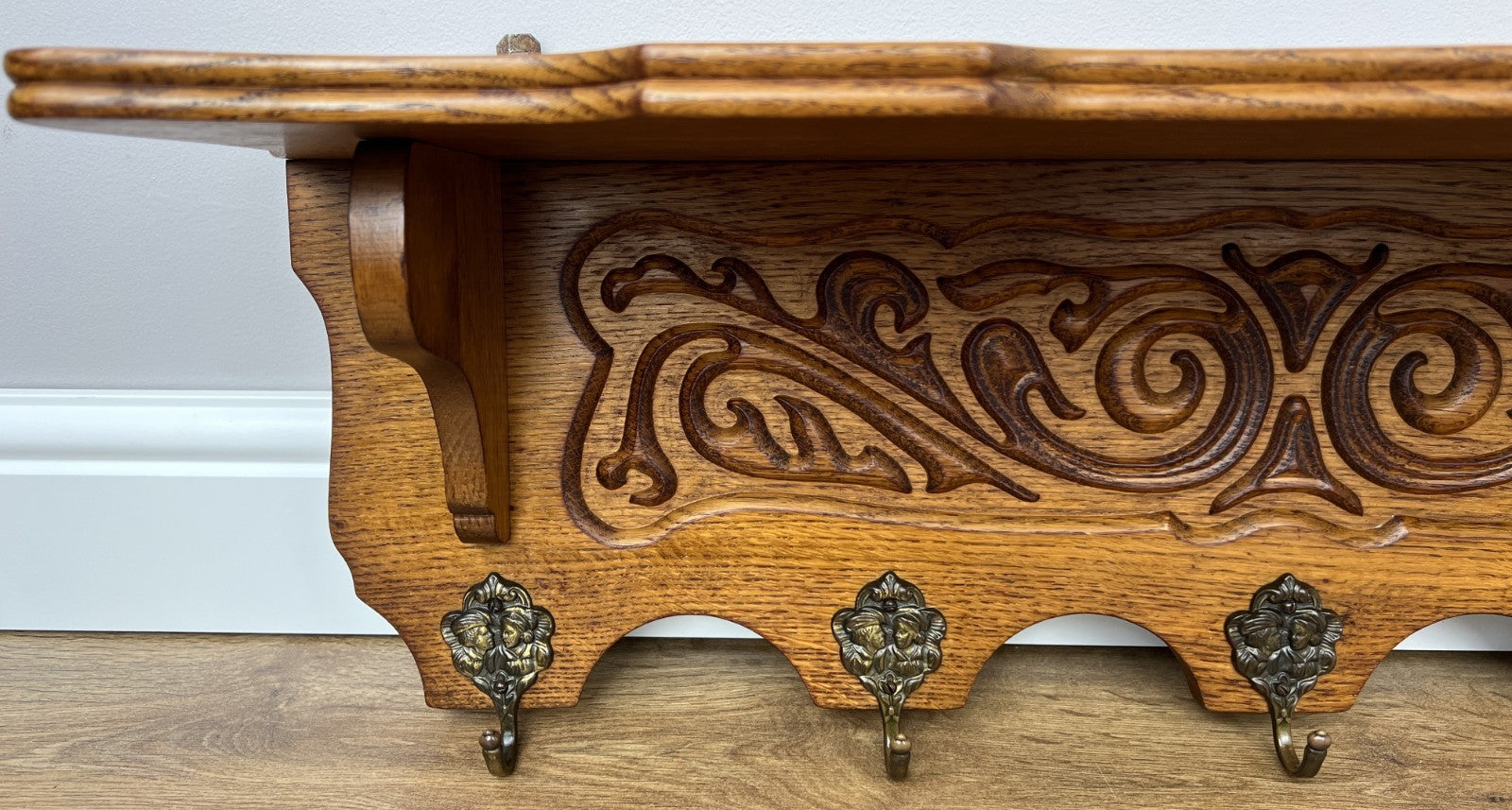 French Vintage Coat Rack Oak 5 Hooks Wall Shelf Carved Coat Hanger LOT 49616
