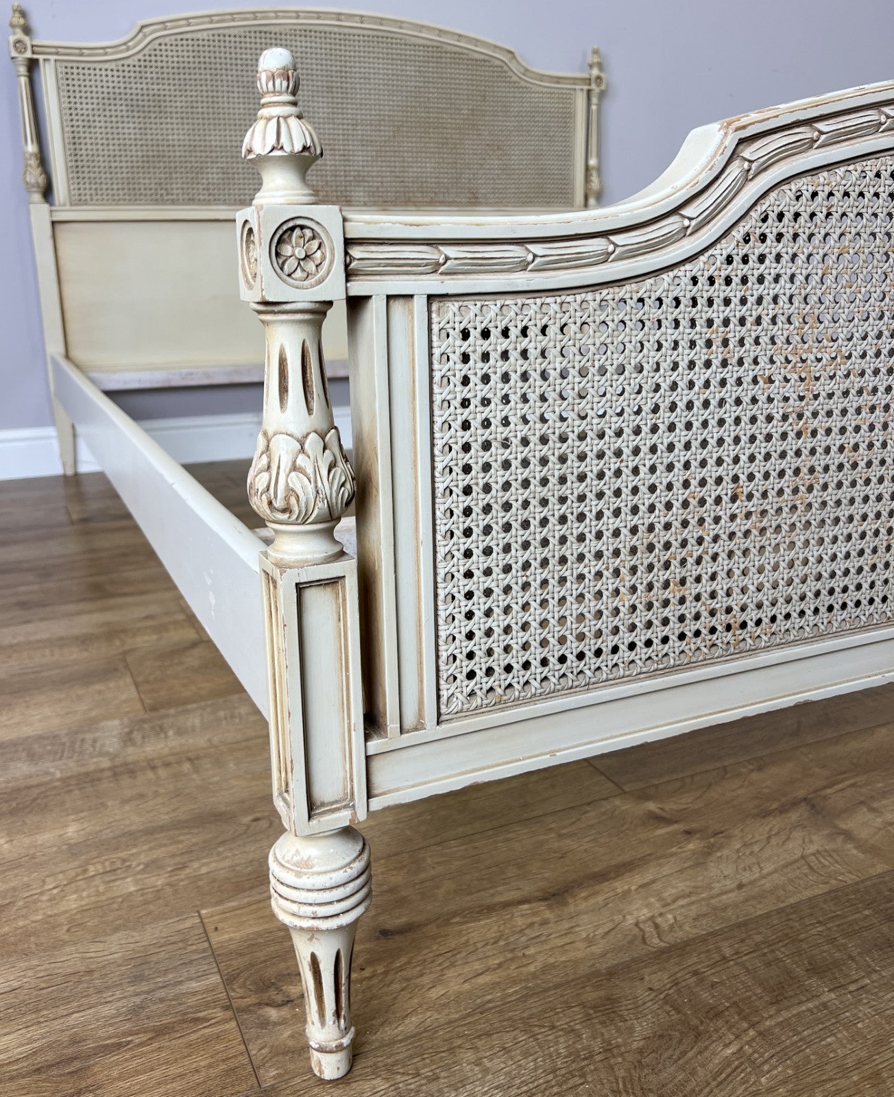 Bed Vintage French King Size Bed Frame Cane Panel Carved Headboard LOT 64106