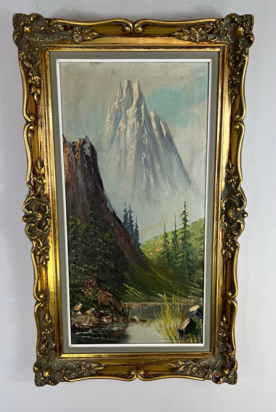 Painting Vintage Oil Landscape Mountain Deer Signed Framed Carved LOT 51130