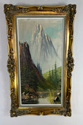 Painting Vintage Oil Landscape Mountain Deer Signed Framed Carved LOT 51130